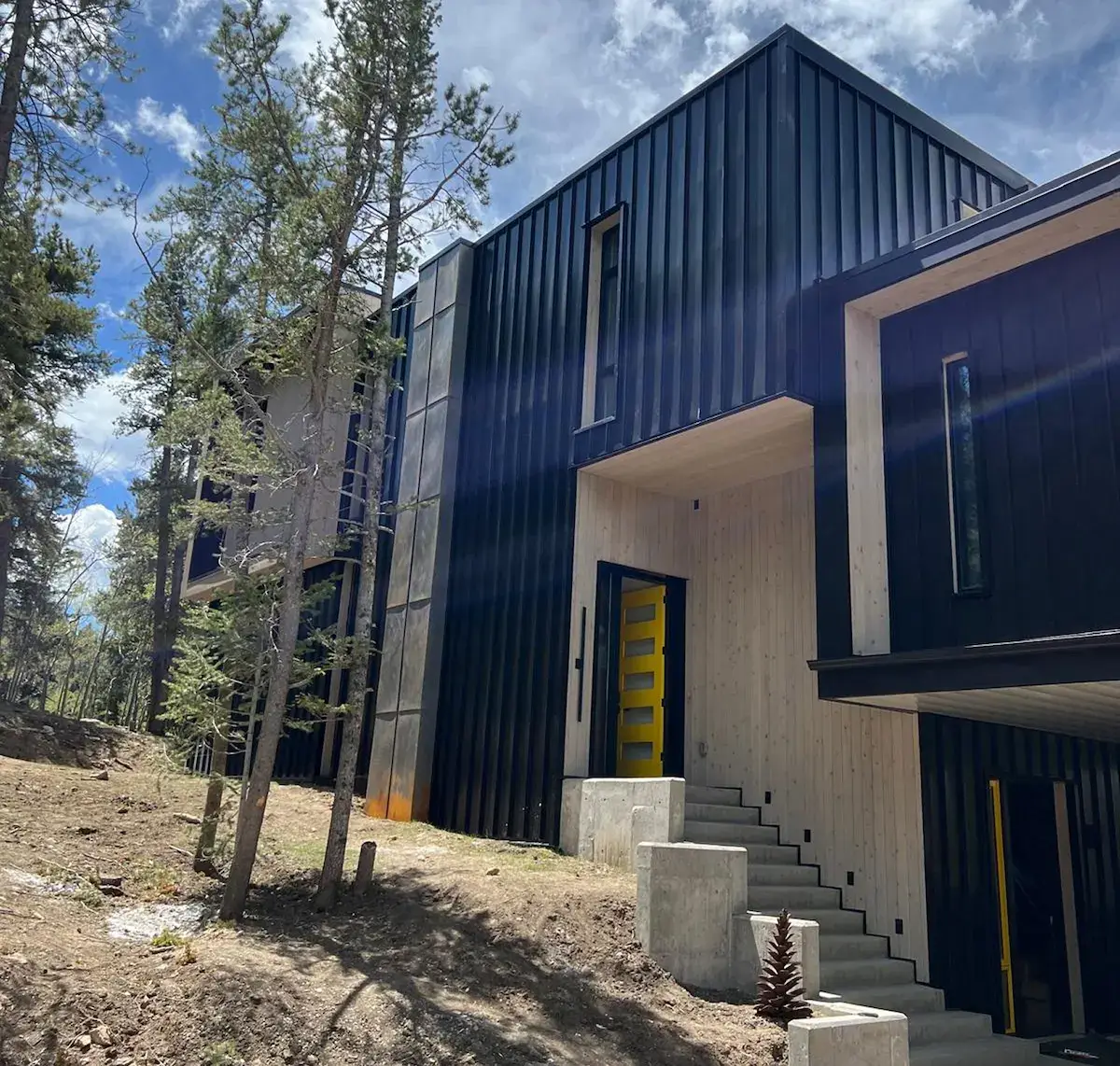 Exterior of the Blackhawk Project in Colorado with dark metal cladding, wood accents and slim-frame windows in a mountain setting.