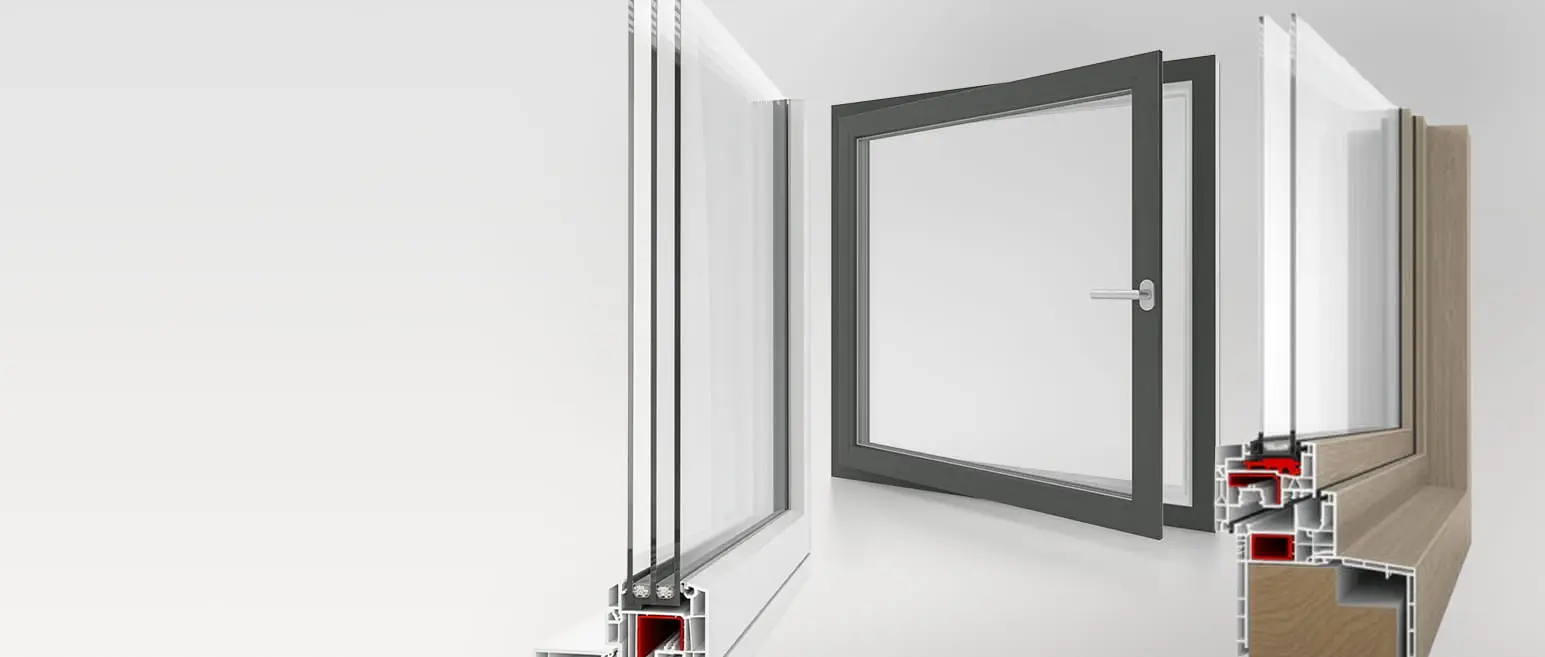 AluPlast uPVC window system showing multi-pane glazing and insulated frame construction.