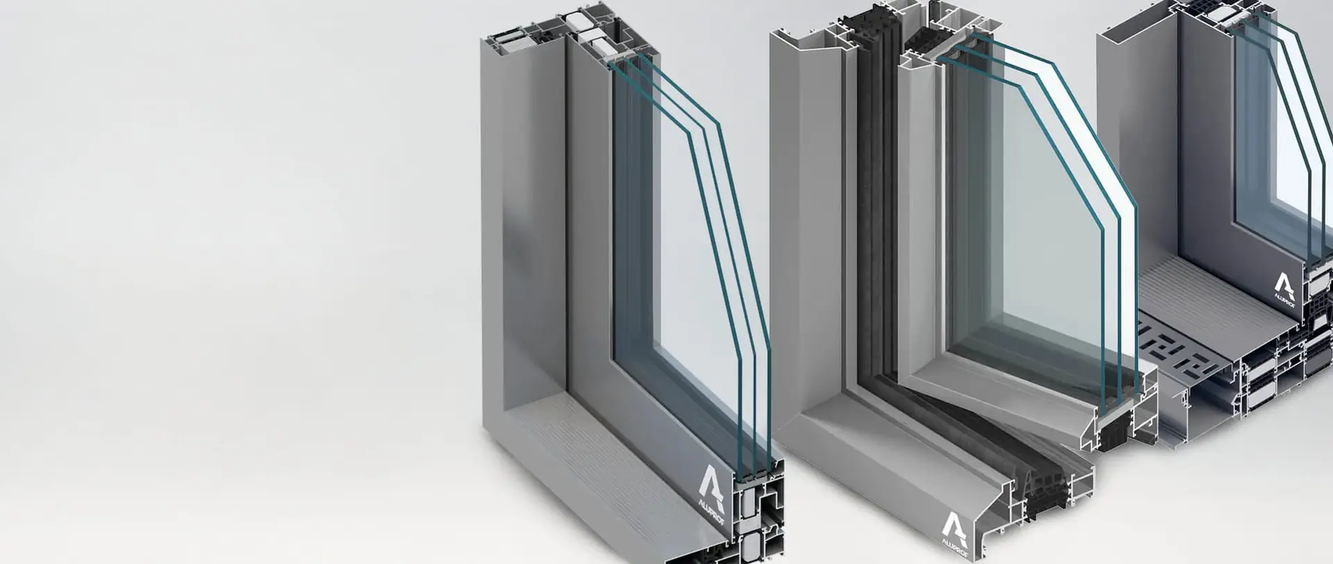 Aluprof aluminum window and door system profiles with insulated multi-pane glazing.
