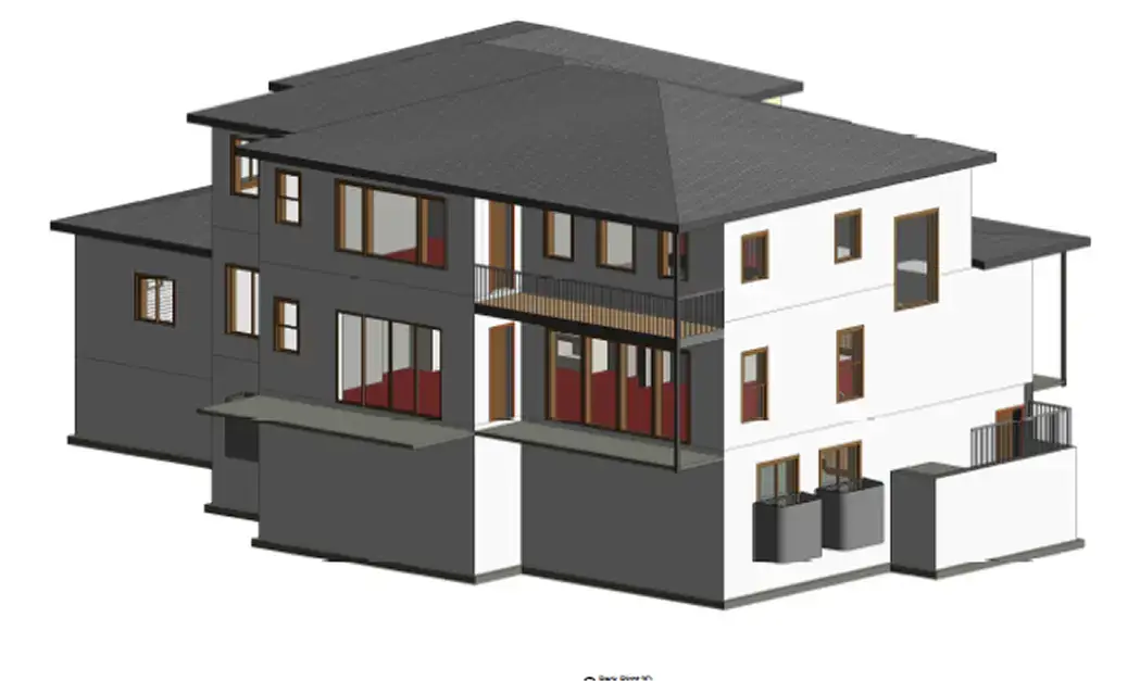 3D architectural model of a multi-storey contemporary home with large window and door openings.