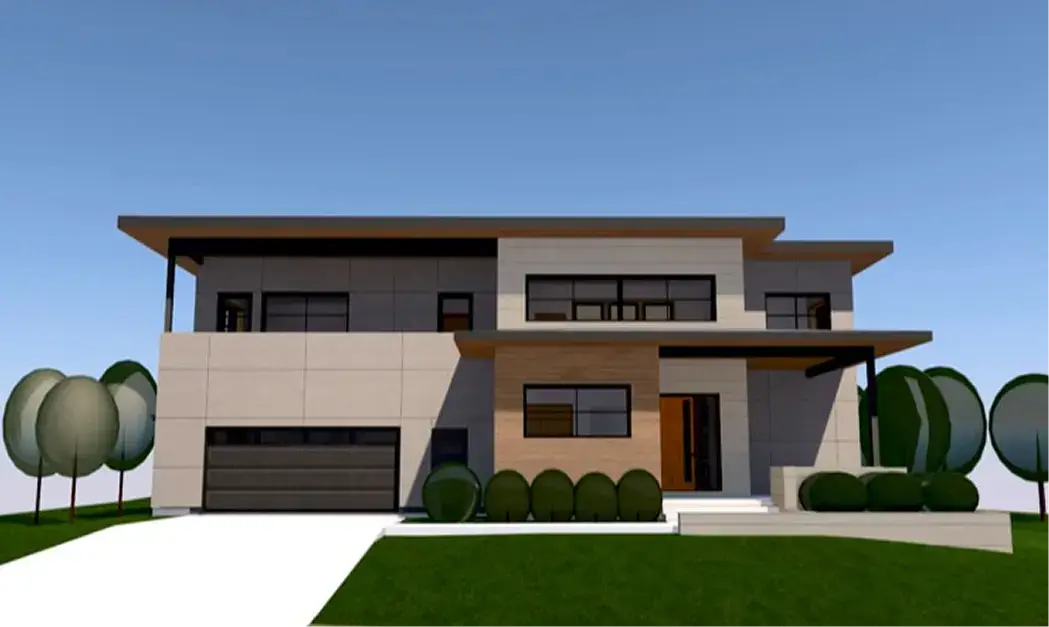 Front architectural rendering of a modern two-storey home with large windows.