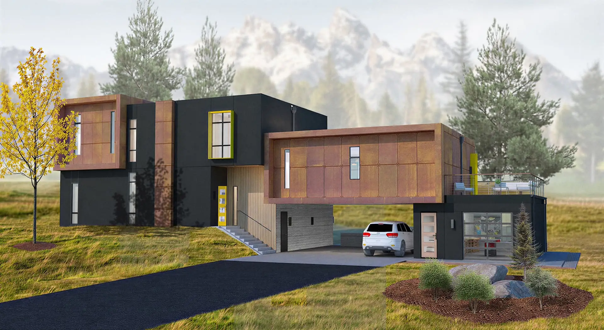 Architectural rendering of a modern high-performance home with large windows in a mountain setting