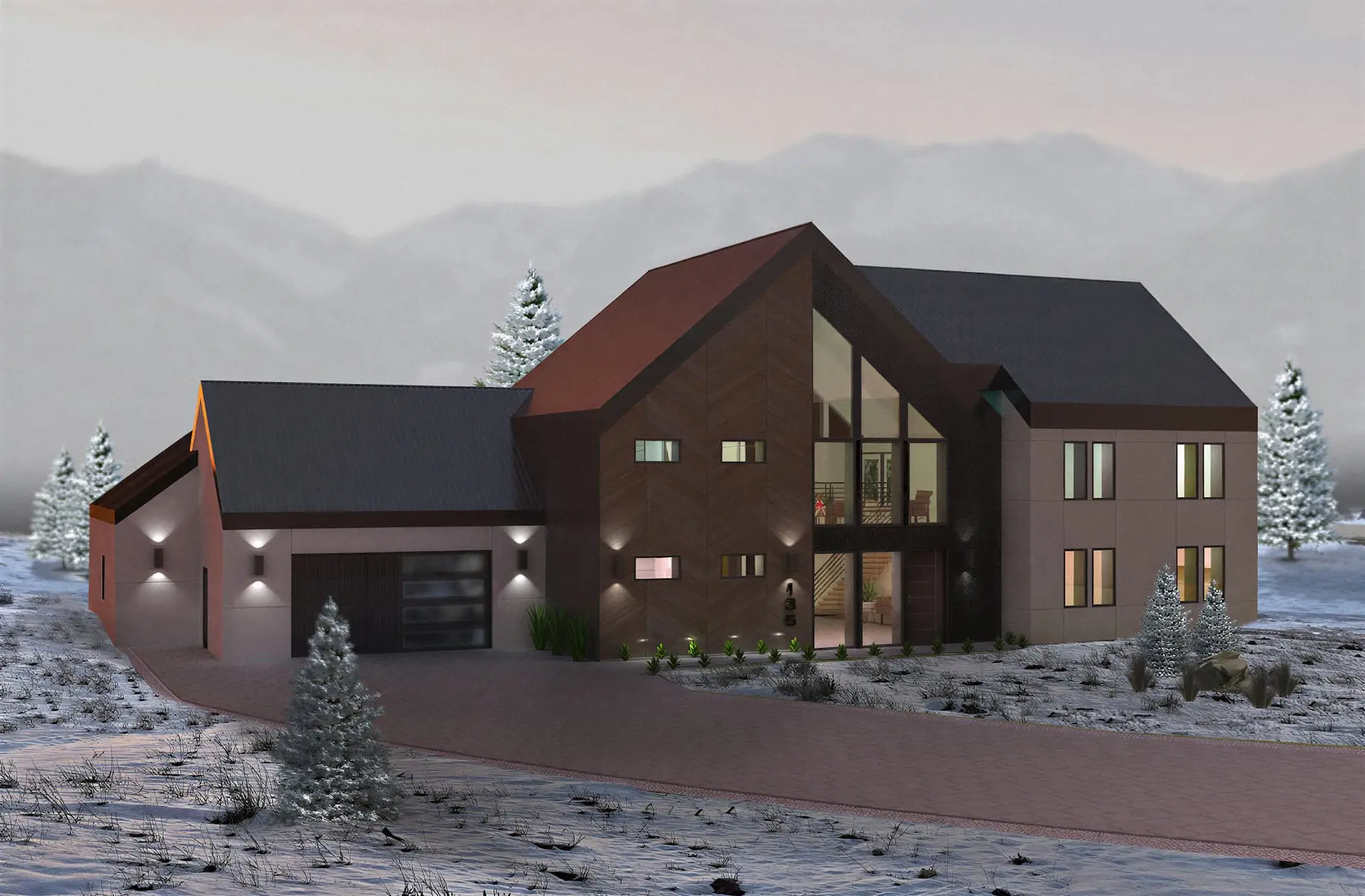 Architectural rendering of a modern Passive House home in a snowy mountain setting.